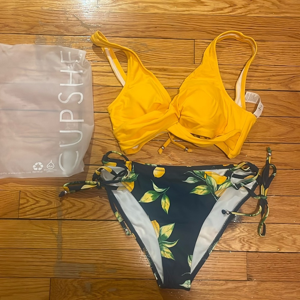 Yellow Wrap & Floral Print Tie Side Bikini